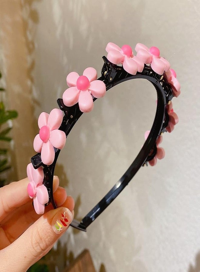 SIMAR ART 1 PCS Pink Flower Headband for Girls, princess style hairpin Beaded Hair Headbands Fashion Double Bangs Hairstyle Layer Twist Plait Braided Headband Elegant Flower Clips Chic Pearl for Women Girl - Image 4