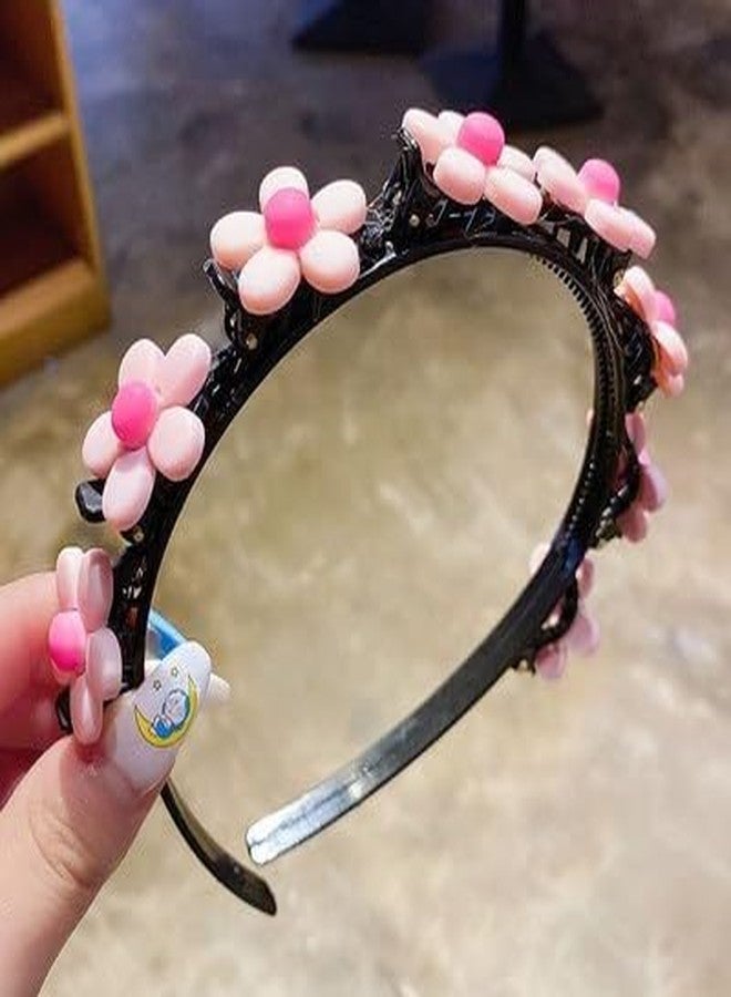 SIMAR ART 1 PCS Pink Flower Headband for Girls, princess style hairpin Beaded Hair Headbands Fashion Double Bangs Hairstyle Layer Twist Plait Braided Headband Elegant Flower Clips Chic Pearl for Women Girl - Image 5