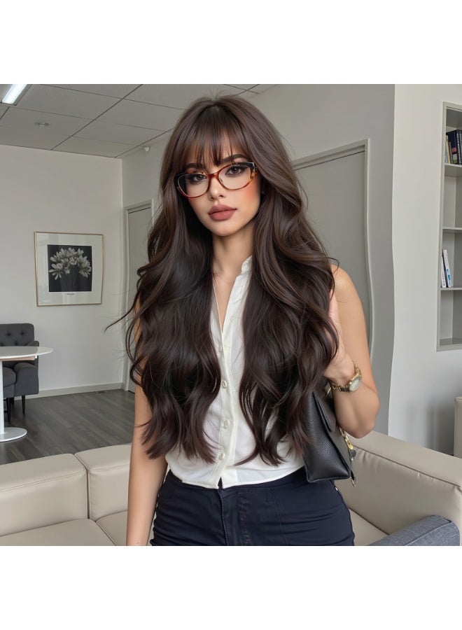 Joudi Long Wavy Natural Black Wigs with Bangs for Women, Heat Resistant Fiber Synthetic Wigs for Daily Party Use 26 inches - Image 2