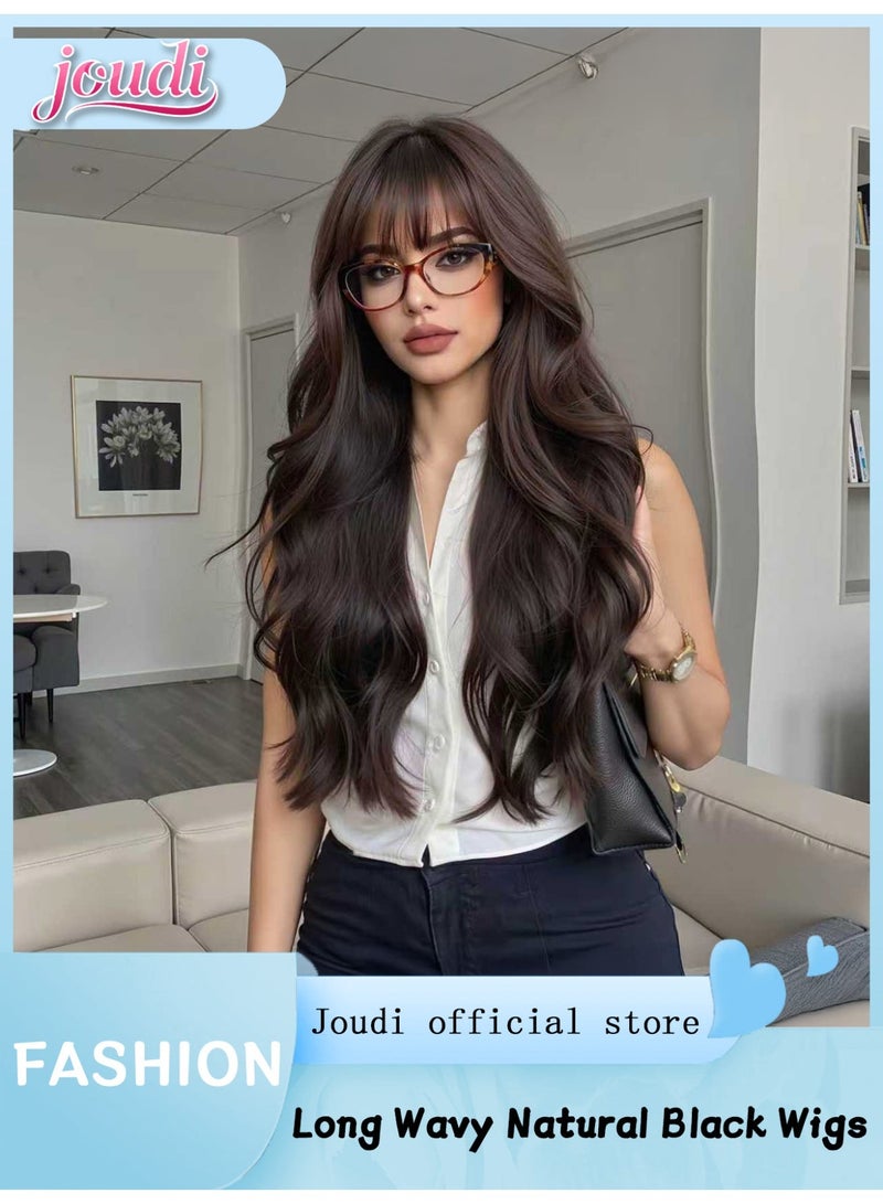 Joudi Long Wavy Natural Black Wigs with Bangs for Women, Heat Resistant Fiber Synthetic Wigs for Daily Party Use 26 inches - Image 1