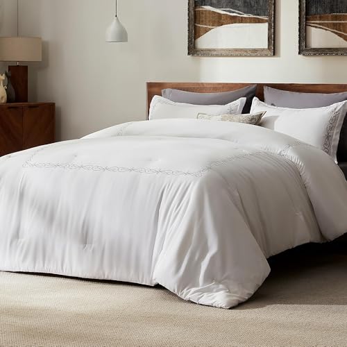 SLEEP ZONE Queen Comforter Set Luxury Hotel Collection Comforter 3 Pieces Fluffy Lightweight Down Alternative Duvet Insert with Embroidered Stripes Elegant Scroll FullQueen - Image 3