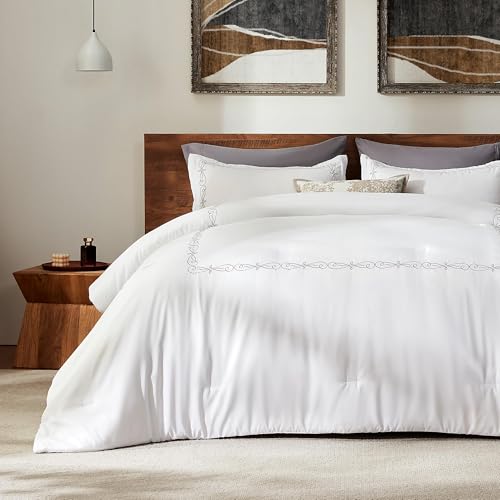 SLEEP ZONE Queen Comforter Set Luxury Hotel Collection Comforter 3 Pieces Fluffy Lightweight Down Alternative Duvet Insert with Embroidered Stripes Elegant Scroll FullQueen - Image 1
