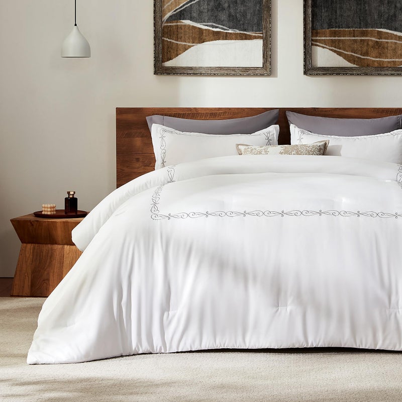 SLEEP ZONE Queen Comforter Set Luxury Hotel Collection Comforter 3 Pieces Fluffy Lightweight Down Alternative Duvet Insert with Embroidered Stripes Elegant Scroll FullQueen - Image 2