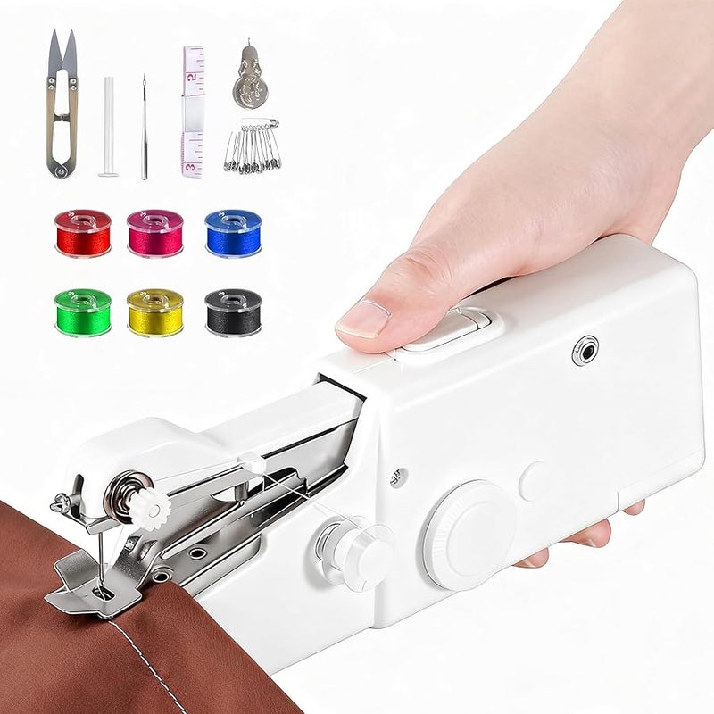 ماكينة خياطة يدوية بيضاء صغيرة محمولة كهربائية للخياطة السريعة وخياطة الملابس DIY للمنزل والسفر - Image 1