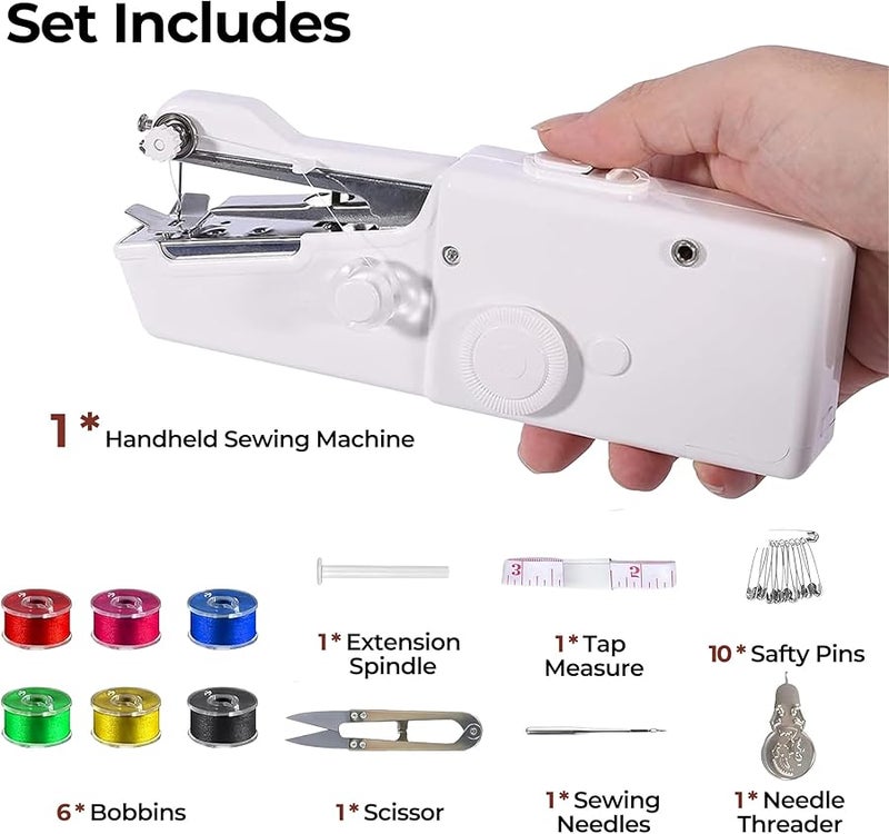 ماكينة خياطة يدوية بيضاء صغيرة محمولة كهربائية للخياطة السريعة وخياطة الملابس DIY للمنزل والسفر - Image 3