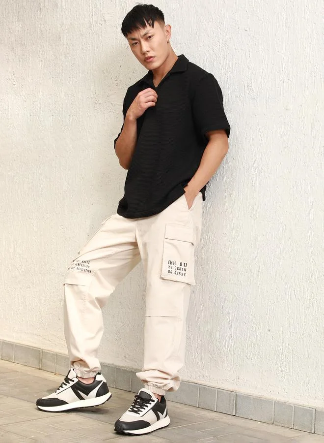 Hubberholme Relaxed Fit Cargo Pants with Printed Pocket by Styli