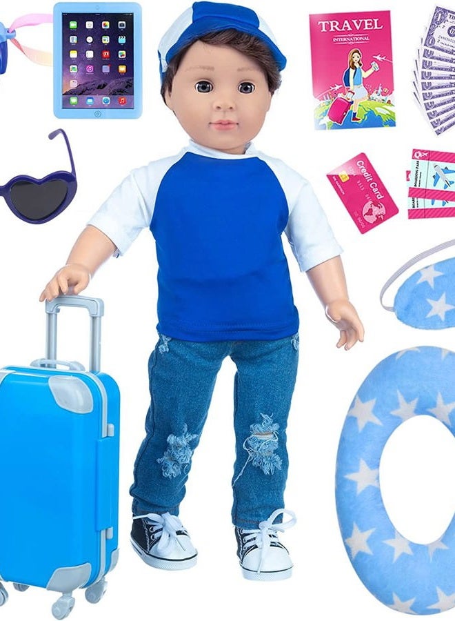 Ecore Fun 24 Pcs American 18 Inch Boy Doll Clothes and Accessories Suitcase Play Set Included Travel Carrier Clothes Camera Phone Travel Pillow Passport Tickets Cashes Credit Card Map - Image 1