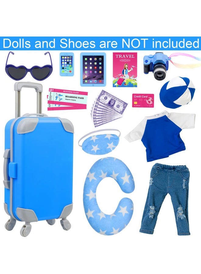 Ecore Fun 24 Pcs American 18 Inch Boy Doll Clothes and Accessories Suitcase Play Set Included Travel Carrier Clothes Camera Phone Travel Pillow Passport Tickets Cashes Credit Card Map - Image 2
