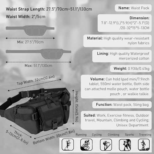 Mtgluk Tactical Fanny Pack Military Outdoor Waist Bag Belt Packs Hip Bumbag Utility Bags with Adjustable Strap for Cycling Hiking Hunting Black - Image 3