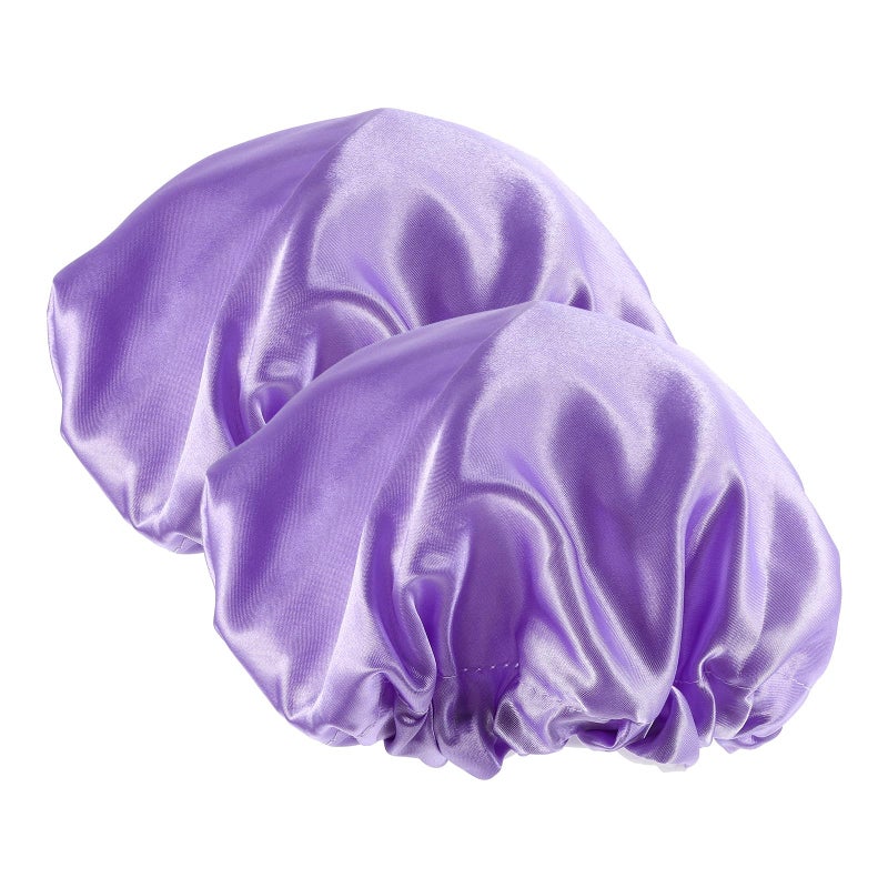 Satin Lined Adjustable Waterproof Shower Cap 2 Pack Reusable Bathing Hair Caps Purple - Image 2