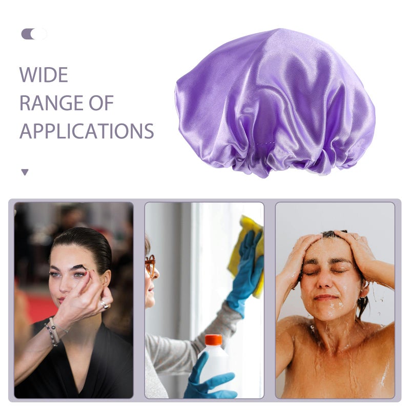 Satin Lined Adjustable Waterproof Shower Cap 2 Pack Reusable Bathing Hair Caps Purple - Image 4
