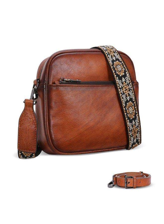 Iswee Brown Leather Crossbody Bags for Women Shoulder Purse and Handbags Real Leather Satchel Bag with Wide Strap (Brown) - Image 1