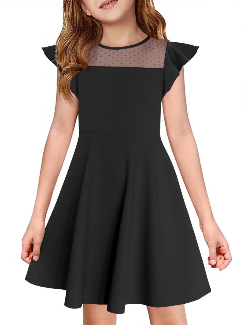 Haloumoning Girls Dress Summer Ruffle Sleeve Mesh A Line Casual Party Dresses with Pockets for Kids 4-14 Years Black - Image 1