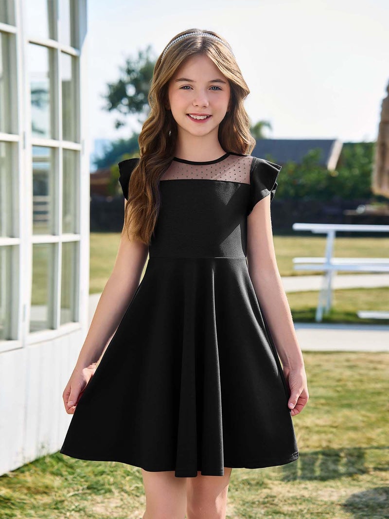 Haloumoning Girls Dress Summer Ruffle Sleeve Mesh A Line Casual Party Dresses with Pockets for Kids 4-14 Years Black - Image 2
