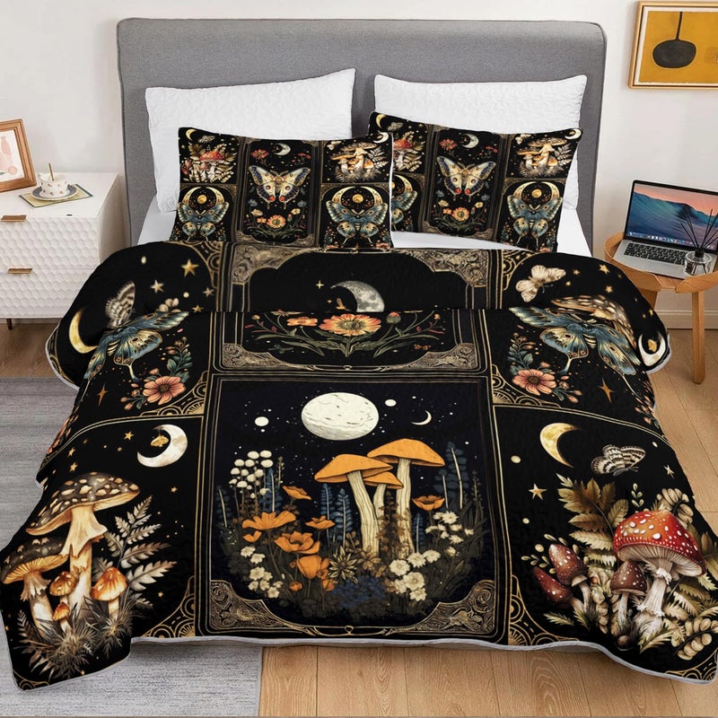 HOSIMA Bohemia Queen Quilt,Lightweight Mushrooms Flowers Pattern Summer Bedding,Butterfly Print Plaid Patchwork Sun and Moon Boho Floral Bedding for Adult Room Decor with 2 Pillowcases. - Image 3