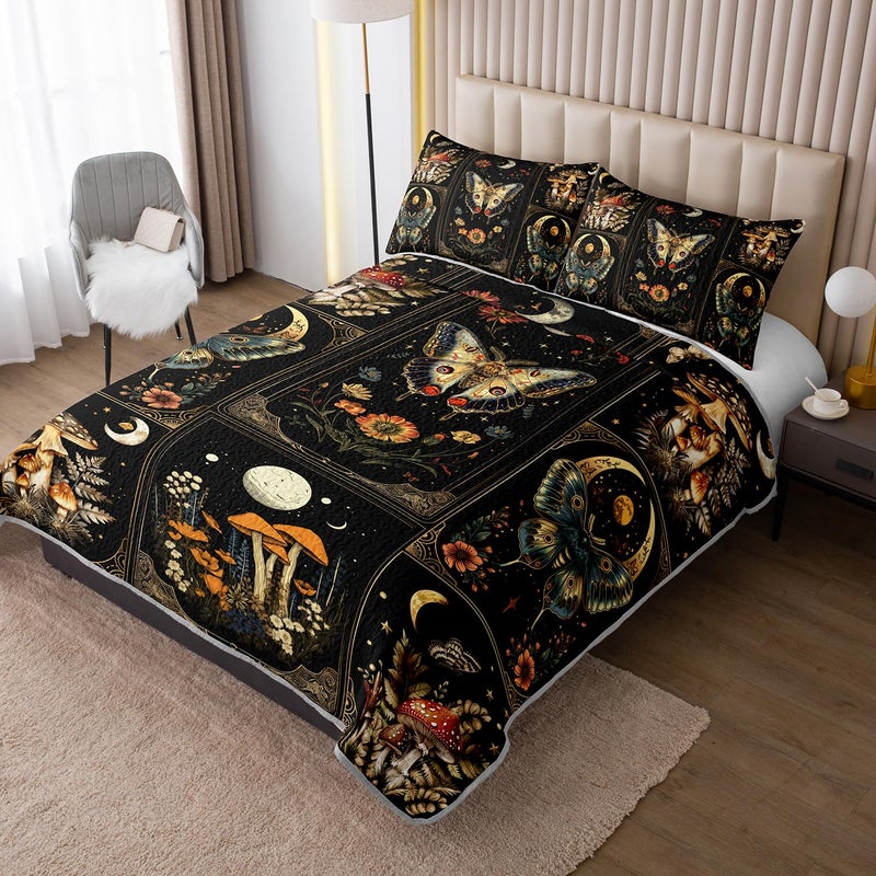 HOSIMA Bohemia Queen Quilt,Lightweight Mushrooms Flowers Pattern Summer Bedding,Butterfly Print Plaid Patchwork Sun and Moon Boho Floral Bedding for Adult Room Decor with 2 Pillowcases. - Image 2