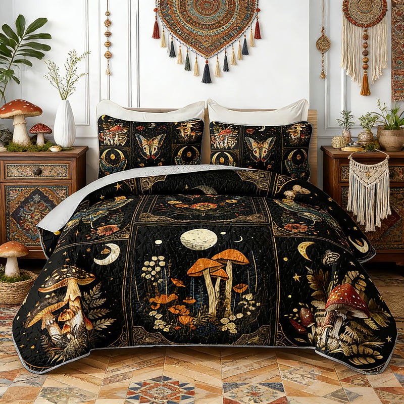 HOSIMA Bohemia Queen Quilt,Lightweight Mushrooms Flowers Pattern Summer Bedding,Butterfly Print Plaid Patchwork Sun and Moon Boho Floral Bedding for Adult Room Decor with 2 Pillowcases. - Image 1
