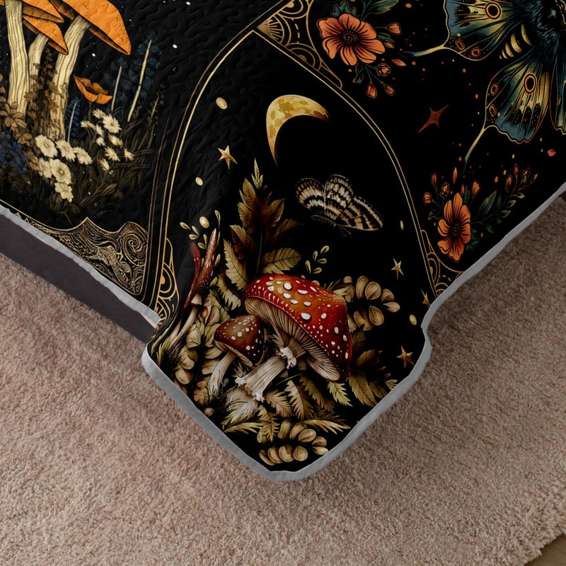 HOSIMA Bohemia Queen Quilt,Lightweight Mushrooms Flowers Pattern Summer Bedding,Butterfly Print Plaid Patchwork Sun and Moon Boho Floral Bedding for Adult Room Decor with 2 Pillowcases. - Image 4