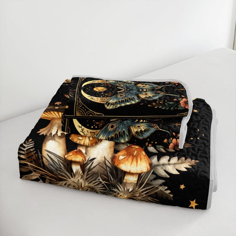 HOSIMA Bohemia Queen Quilt,Lightweight Mushrooms Flowers Pattern Summer Bedding,Butterfly Print Plaid Patchwork Sun and Moon Boho Floral Bedding for Adult Room Decor with 2 Pillowcases. - Image 5