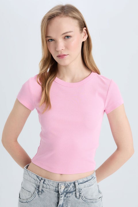 Pink Woman Slim Fit Camisole Short Sleeve T-Shirt Casual