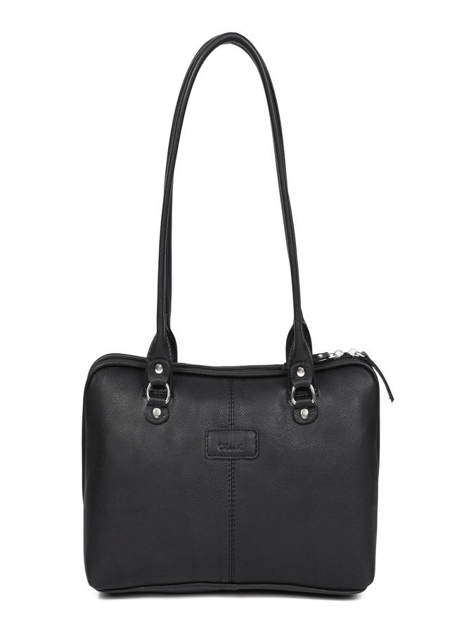 Celtic Premium Leather Shoulder Bag with Dual Zip Compartments, Structured Silhouette & Long Handles - Image 2