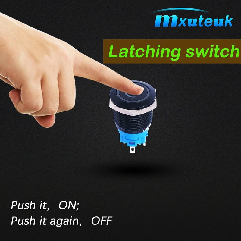 mxuteuk مفتاح دفع مقاوم للماء 19 مم مع قفل 12 فولت ON/Off 1NO 1NC SPDT معدن أسود مع ضوء رمز الطاقة الأخضر مع سلك مناسب لفتحة تركيب 3/4 بوصة للسيارة البحرية RV L-19-POWER-B-G - Image 4