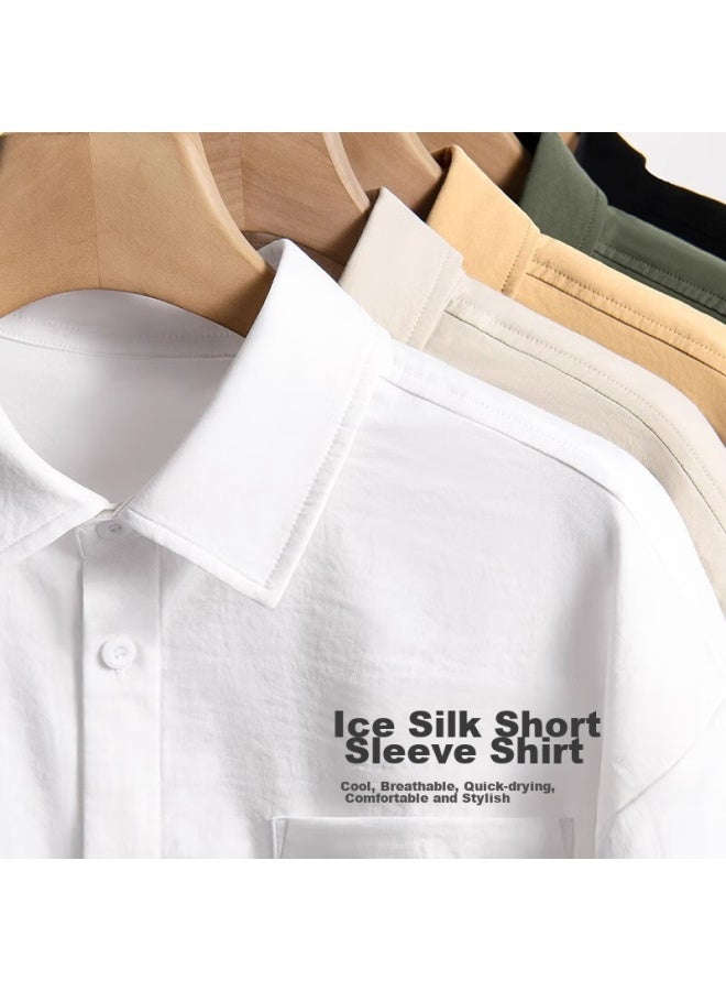 Geniolamode Men's Short-sleeve Shirt, Summer Ice Silk Cool-feeling Breathable Quick-dry Loose Simple Wrinkle-resistant No-iron Shirt, Khaki, 3XL - Image 1
