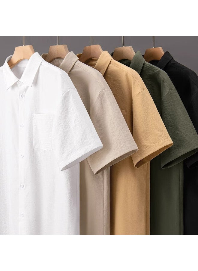 Geniolamode Men's Short-sleeve Shirt, Summer Ice Silk Cool-feeling Breathable Quick-dry Loose Simple Wrinkle-resistant No-iron Shirt, Khaki, 3XL - Image 3