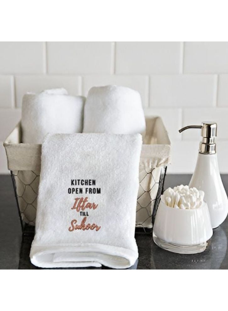 BYFT Embroidered for you-White-Ramadan Theme Personalized Hand Towel-Kitchen Open from Iftar till Suhoor-100% Cotton Kitchen Towel-600 Gsm  - Image 1