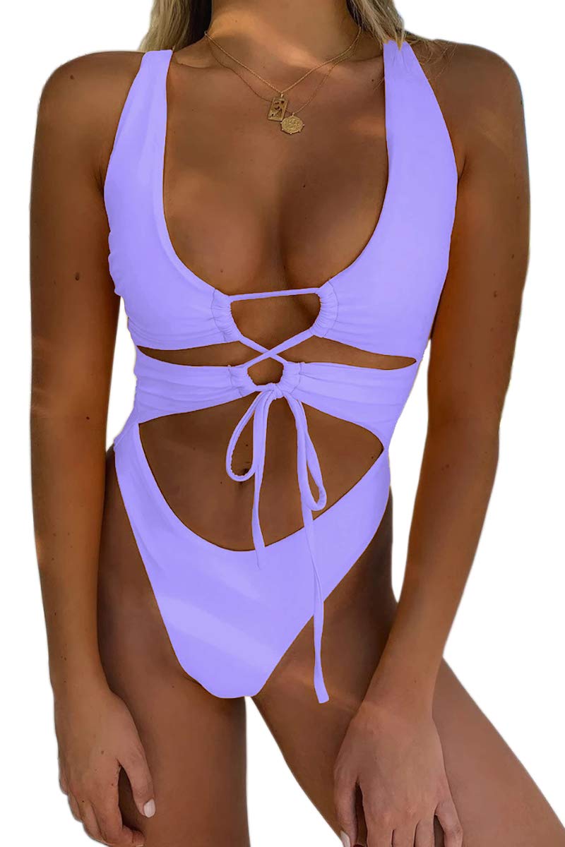CHYRII Women's Sexy Cutout Lace Up Backless High Cut One Piece Bathing Suit Monokini Lavender M - Image 1