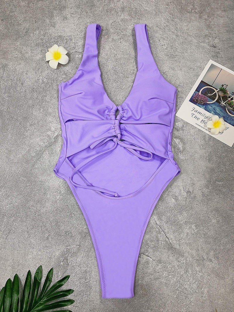 CHYRII Women's Sexy Cutout Lace Up Backless High Cut One Piece Bathing Suit Monokini Lavender M - Image 2