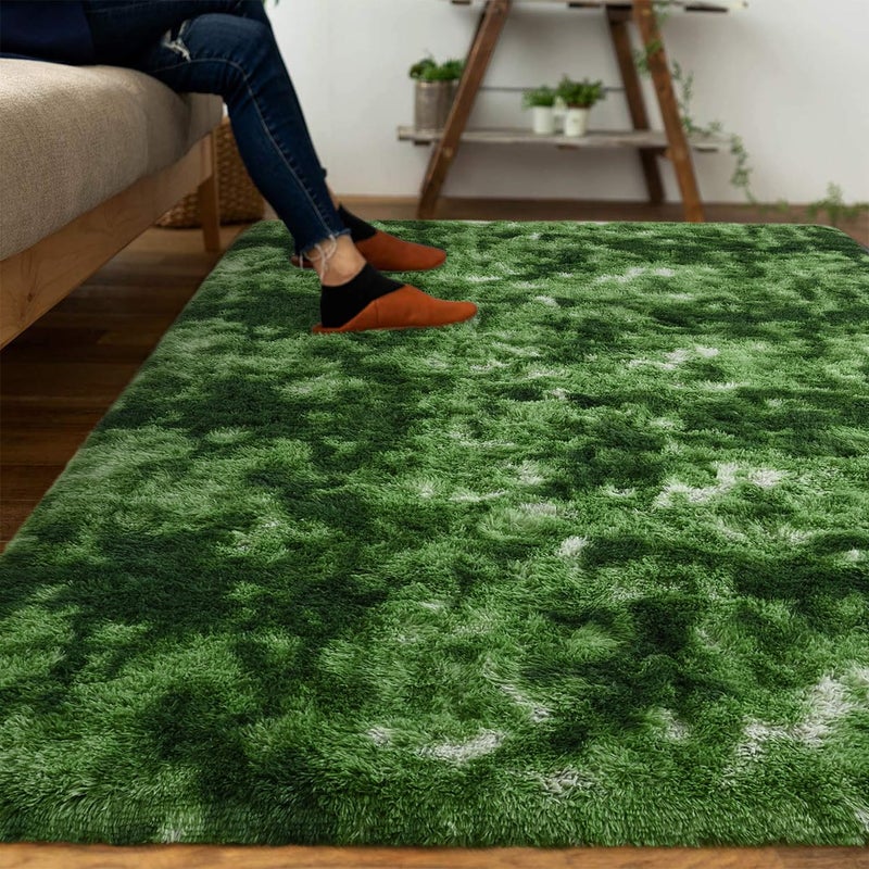 DweIke Fluffy Dark Green Rugs for Bedroom Living Room, 4x6 Feet Soft Plush Shaggy Tie-Dyed Forest Moss Green Girls Boys Kids Rug, Non-Slip and Machine Washable Carpet for Dorm Nursery Decor - Image 2