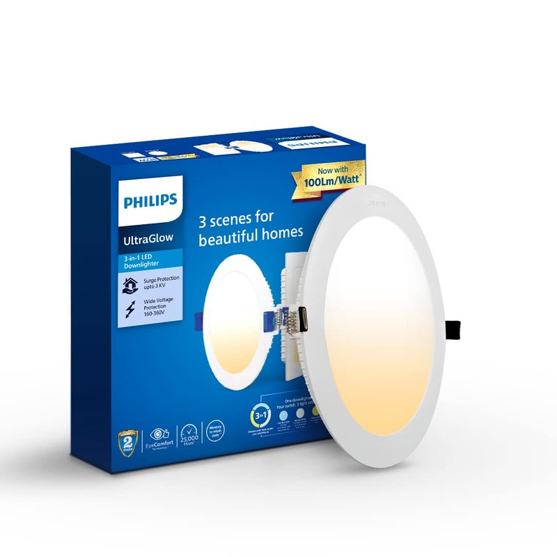 Philips داونلايت LED دائري 15 واط من الترا جلو | 3 ألوان في 1 داونلايت LED مدمج | ضوء سقف LED للمنزل | قطع: 6 بوصة، اللون: أبيض قابل للتعديل، عبوة من 4-بولي كربونات - Image 3