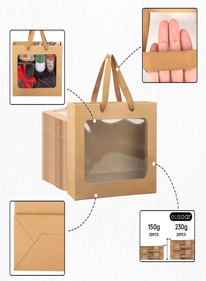 EUSOAR Gift Bags with Transparent Window, 20pcs 10.6"x3.1"x8.3" Brown Clear Paper Bags with Handles, Bouquet Tote Gift Shopping Bag Bulk for Wrapping Wedding Festival Bridal Party - Image 3
