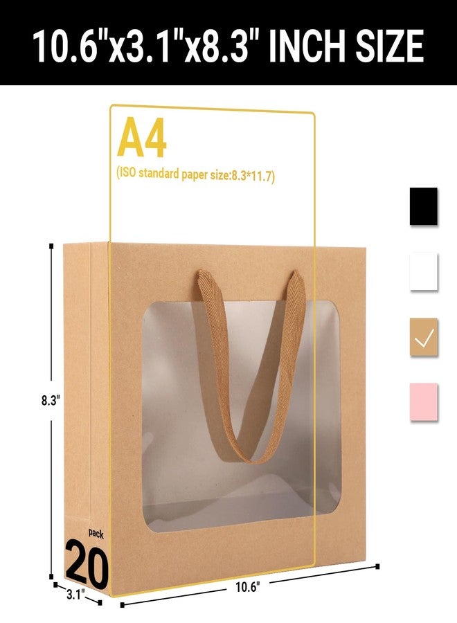 EUSOAR Gift Bags with Transparent Window, 20pcs 10.6"x3.1"x8.3" Brown Clear Paper Bags with Handles, Bouquet Tote Gift Shopping Bag Bulk for Wrapping Wedding Festival Bridal Party - Image 2