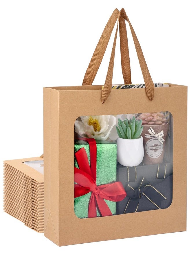 EUSOAR Gift Bags with Transparent Window, 20pcs 10.6"x3.1"x8.3" Brown Clear Paper Bags with Handles, Bouquet Tote Gift Shopping Bag Bulk for Wrapping Wedding Festival Bridal Party - Image 1