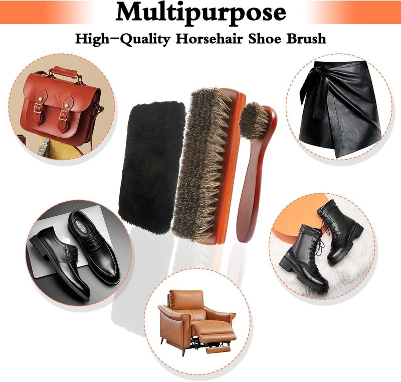 3-Piece Shoe Brush Set, Boot Brush, Horsehair Leather Cleaning Brush, Shoe Polish Brush - Image 2