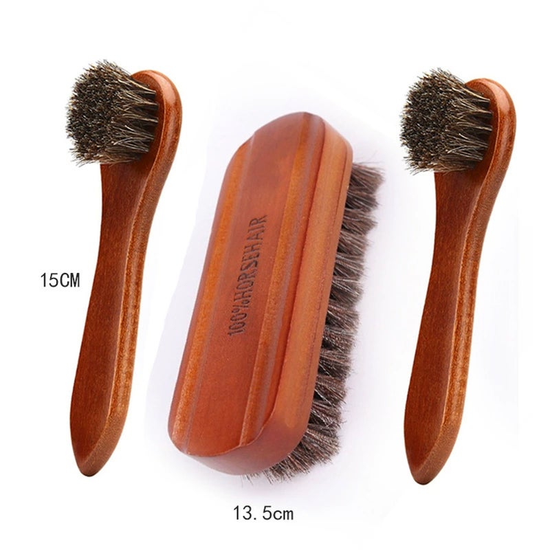 3-Piece Shoe Brush Set, Boot Brush, Horsehair Leather Cleaning Brush, Shoe Polish Brush - Image 1