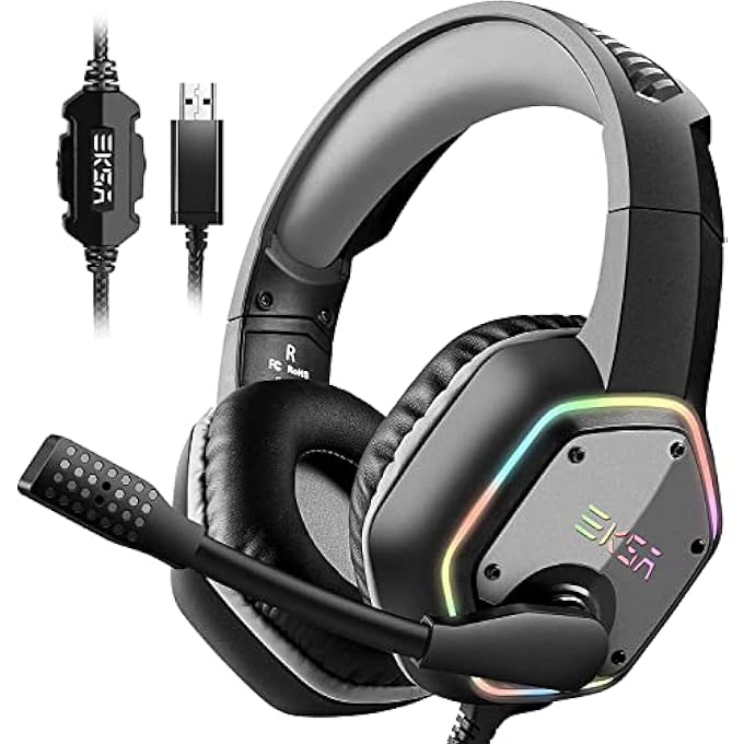 EKSA USB GAMING HEADSET FOR PC - COMPUTER HEADPHONES WITH 7.1 SURROUND SOUND STEREO NOISE CANCELING MIC/MICROPHONE RGB LIGHT - GAMING HEADPHONES FOR PS4/PS5 CONSOLE LAPTOP, WIRED - Image 1