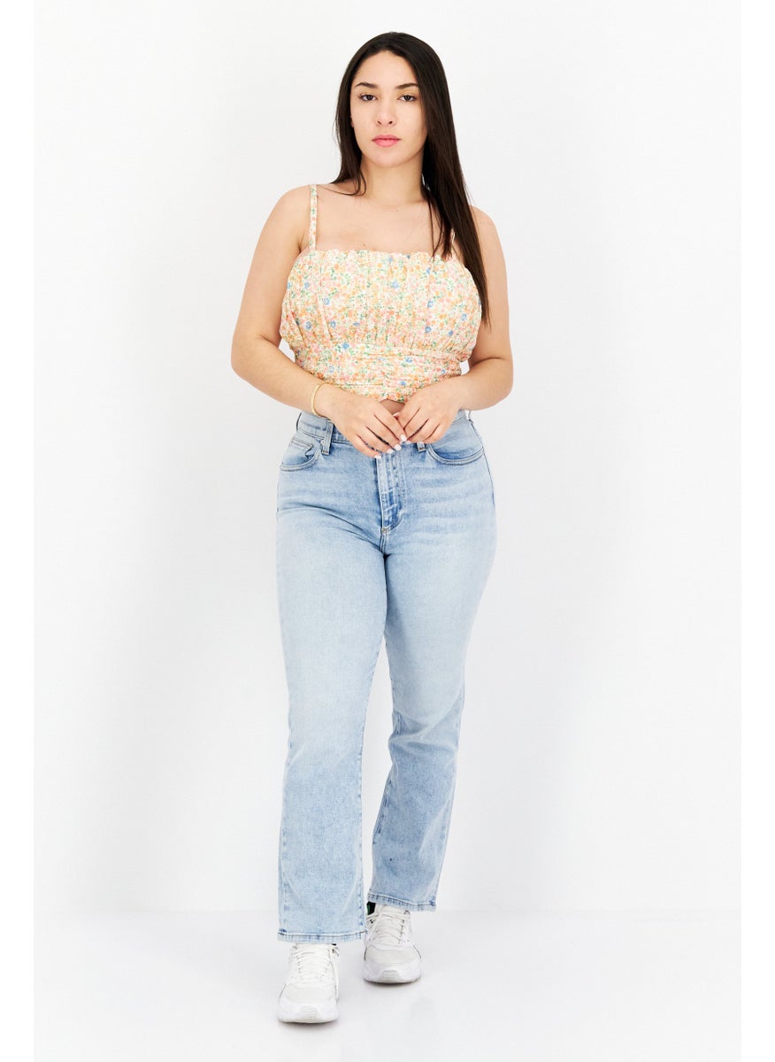 Aqua - Women Square Neck Sleeveless Floral Print Top, Orange Combo - Image 1