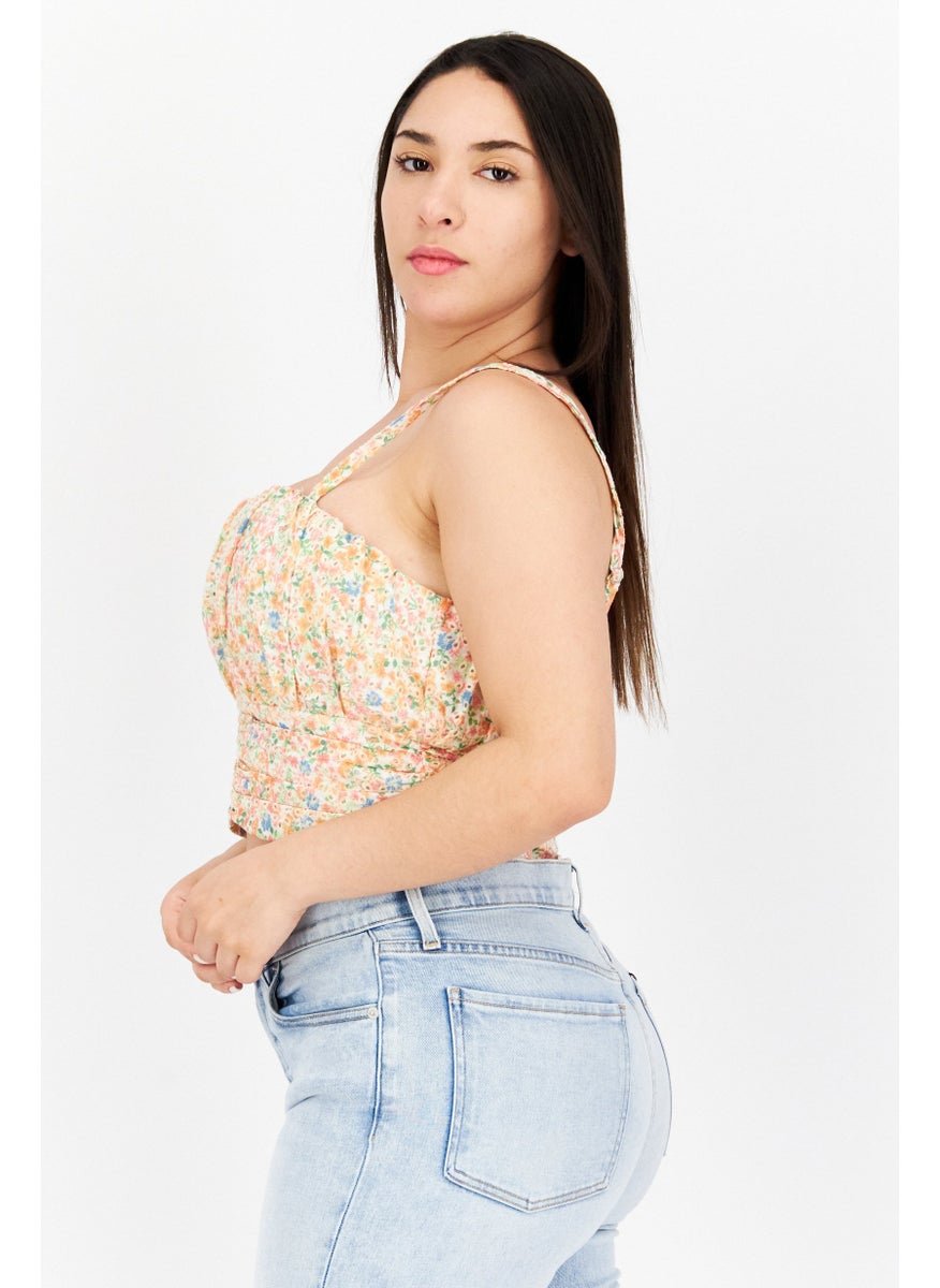 Aqua - Women Square Neck Sleeveless Floral Print Top, Orange Combo - Image 1