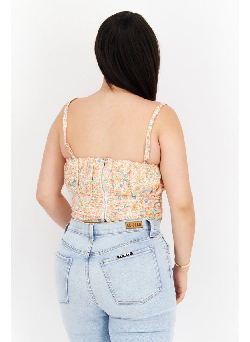 Aqua - Women Square Neck Sleeveless Floral Print Top, Orange Combo - Image 1