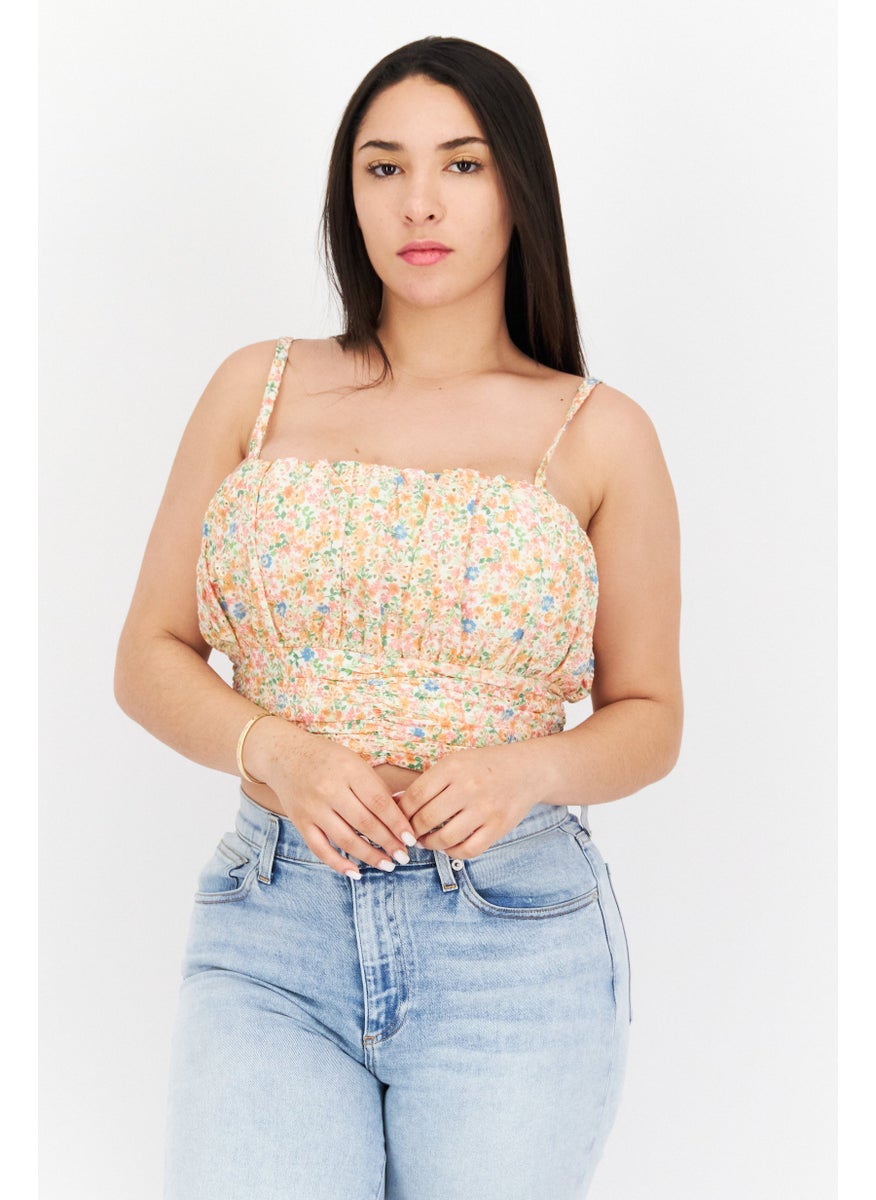 Aqua - Women Square Neck Sleeveless Floral Print Top, Orange Combo - Image 1
