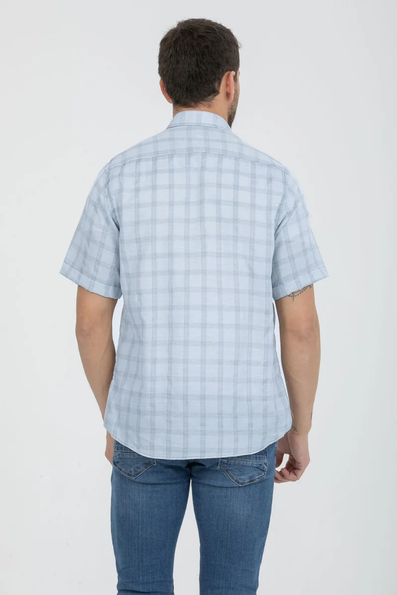 فاريتا Men's Blue Short Sleeve Checked Pocket Collar Buttoned Cotton Shirt