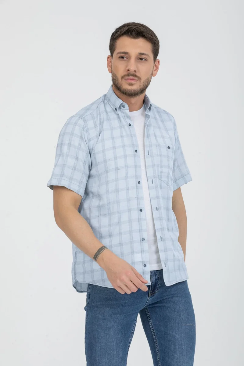 فاريتا Men's Blue Short Sleeve Checked Pocket Collar Buttoned Cotton Shirt