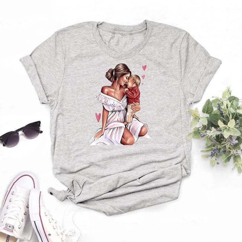 Generic Summer New Super Mom Themed White Tee for Women D6271-Gray
