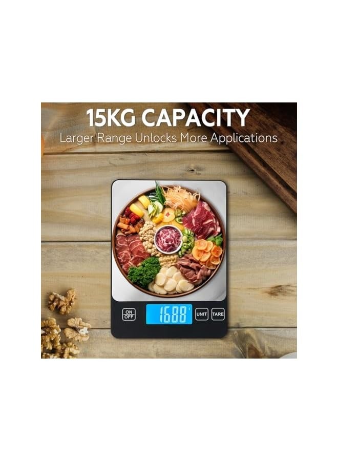 PROMASS 15kg Digital Kitchen Scale Rechargeable with USB Type C Charging & LCD Display, 304 Stainless Steel Weight Food Scale Ounces Grams for Kitchen Cooking Baking Meal Prep - Image 4