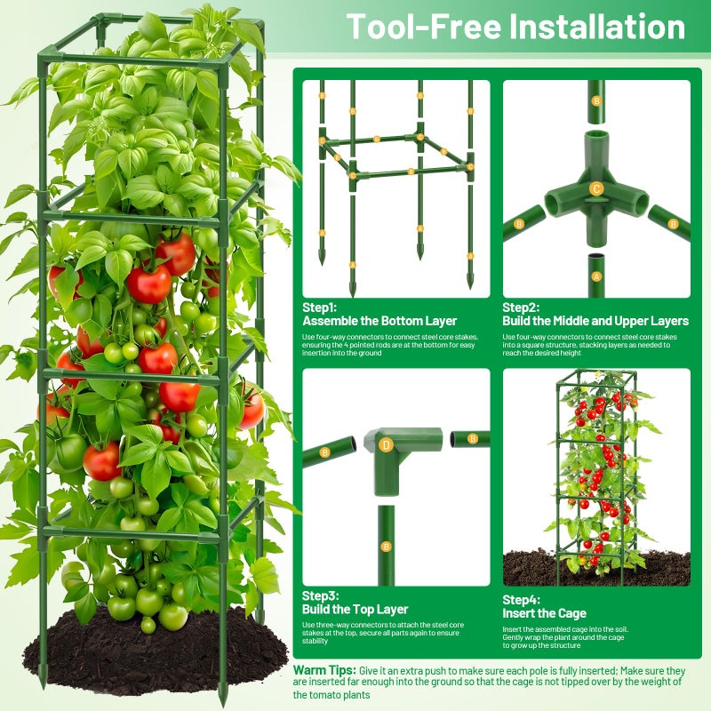 Legigo 4 Pack Square Tomato Cages for Garden- Up to 60 Inch Tomato Plant Support Stakes Cage, Heavy Duty Steel Tomato Trellis Garden Stakes for Raised Garden Bed Climbing Vegetables Cucumbers Flowers - Image 5