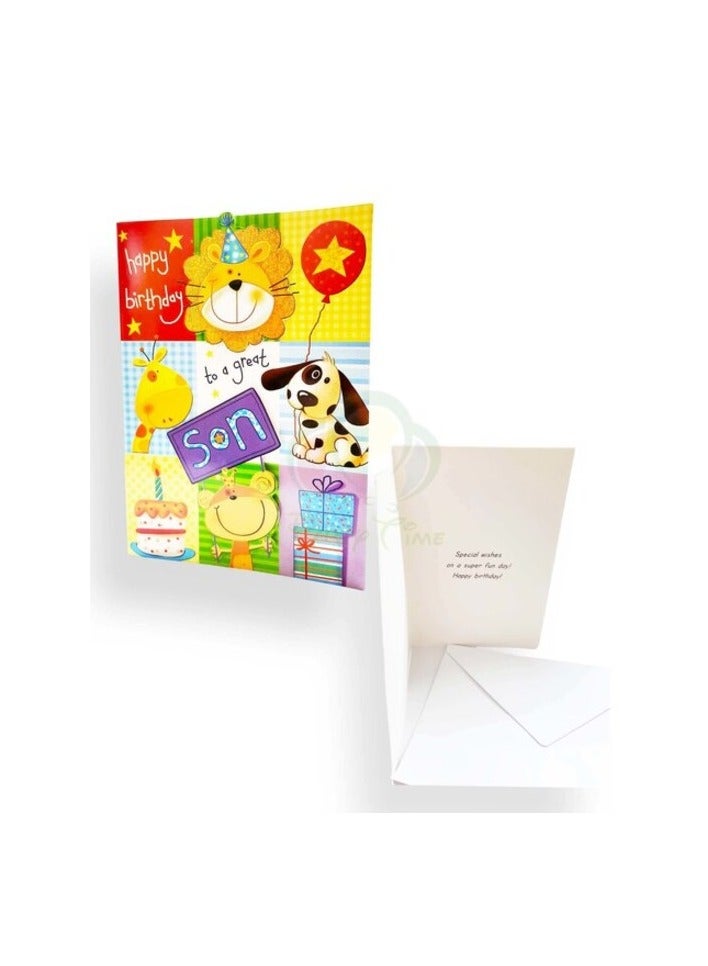 بارتي تايم بطاقة تهنئة بعيد ميلاد الابن من بارتي تايم - تصميمات حيوانات (18x12.5 سم)