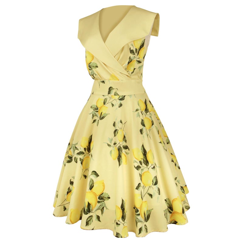 HIGAKI Women's 1950s Dress Tea Party V-Neck Sleeveless Dress(DR0065YE,L) - Image 4